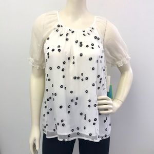 NWT CeCe White Blouse with Black Embroidered Flowers